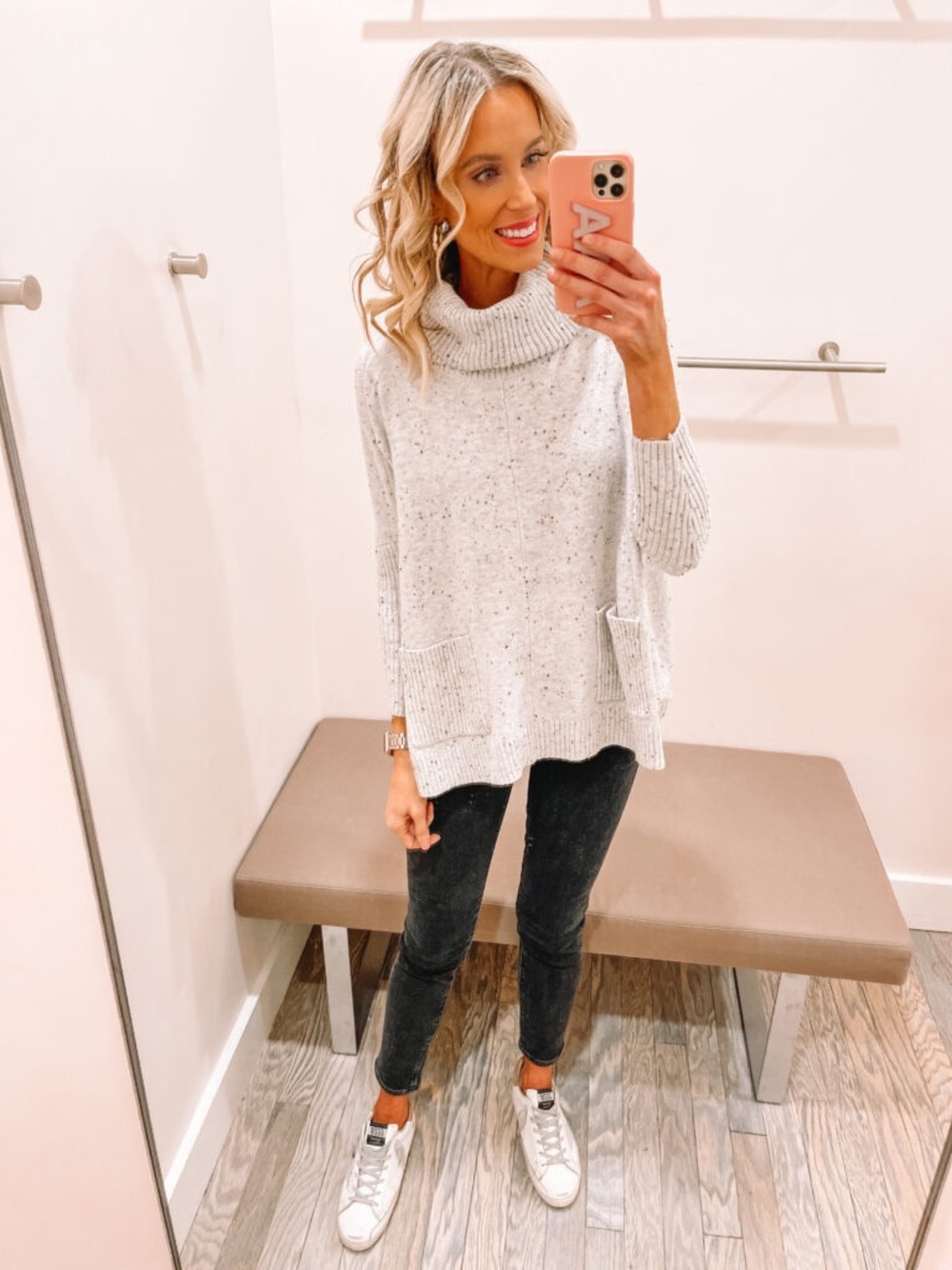 Chloe + Jasmine cowl neck cream speckled pocket front knit sweater